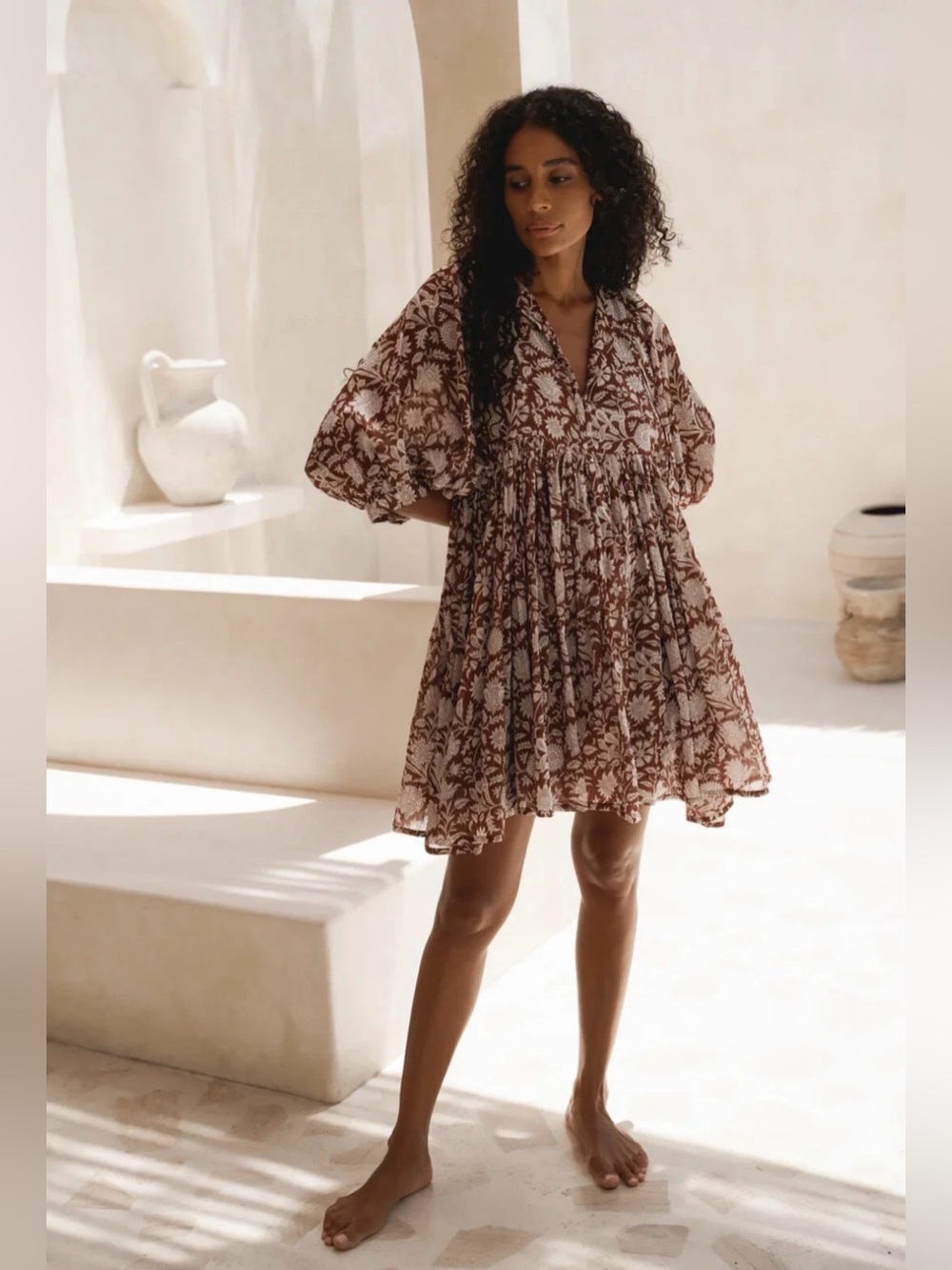 Daughters of India Maroon Floral Cotton Mini Dress XS Boho - Picture 6 of 17